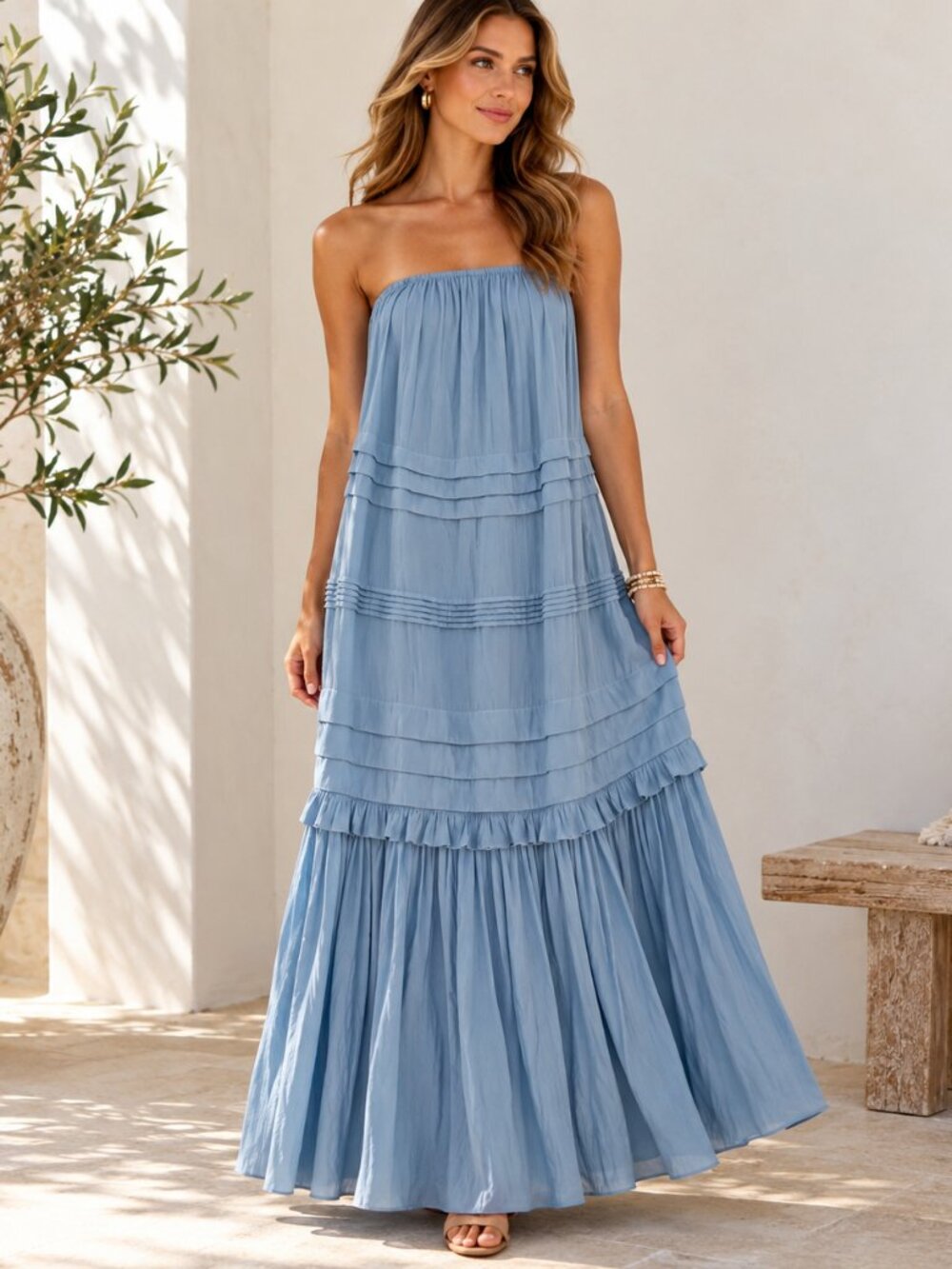 Ramy Brook Powder Blue Strapless Tiered Ruffle Maxi Dress Size S